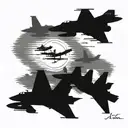 4 F16 jets missing man formation silhouet with "til valhall" as text tattoo design idea
