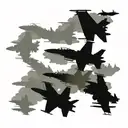 4 F16 jets missing man formation silhouet with "til valhall" as text tattoo design idea