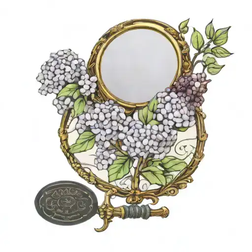 Square 1940s, hand mirror, lilacs intertwined, with a black and gold custom lipstick tube, and marbled black and brown c tattoo design idea