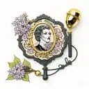 Square 1940s, hand mirror, lilacs intertwined, with a black and gold custom lipstick tube, and marbled black and brown c tattoo design idea
