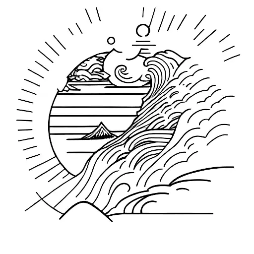 surf style with a wave, mountain, the sun and a Norfolk pine tree. In a straight line very minimal each image is seperat tattoo design idea