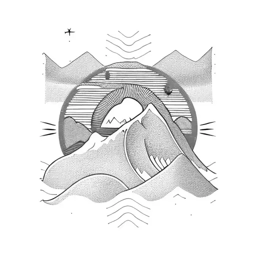 a wave, mountain, the sun and a Norfolk pine tree. In a straight line very minimal each image is seperate but linked tattoo design idea