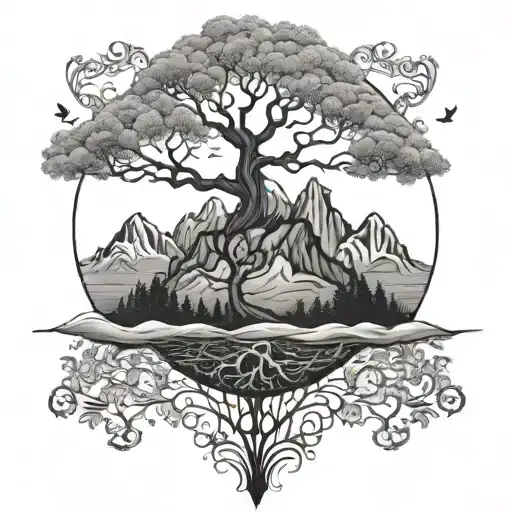 half tree of life and half mountains scene  tattoo design idea