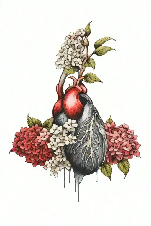 bleeding heart with hydrangeas in the background tattoo design idea