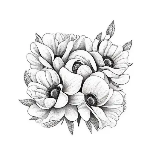 flower sleeve black and white (honey suckle, Chrysanthemum, poppy) tattoo design idea