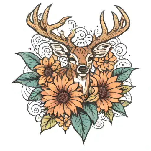 gerber daisy and deer head tattoo design idea