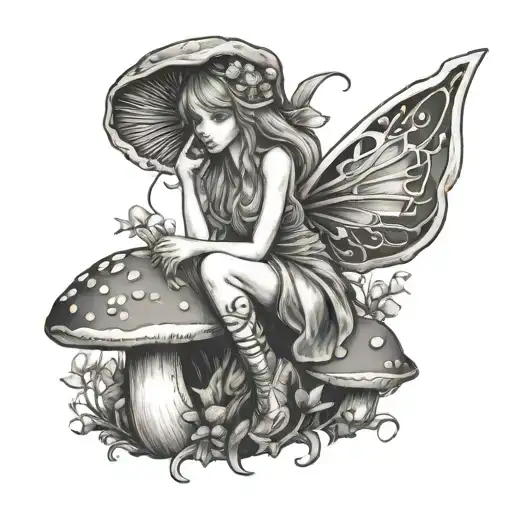 mushroom fairy sitting tattoo design idea