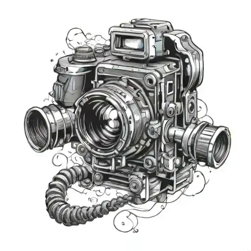 Canon Camera coming out of eipped skin on arm, make it black and white tattoo design idea