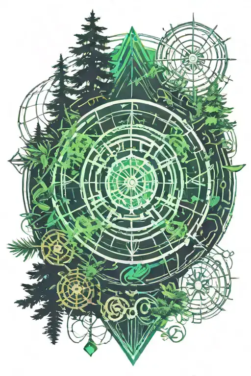 pine forest with wheel of time logo combined tattoo design idea