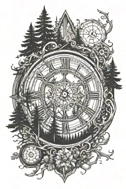 pine forest with wheel of time logo combined tattoo design idea