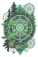pine forest with wheel of time logo combined tattoo design idea