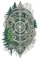 pine forest with wheel of time logo combined tattoo design idea