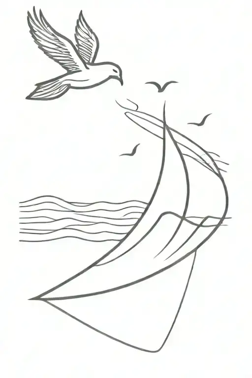Vertical Fineline tattoo with a waveand a surf board also a paper boat and a bird  tattoo design idea