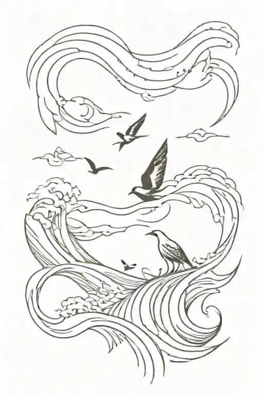 Vertical Fineline tattoo with a wave and a surfboard also a small paper boat and a bird  tattoo design idea