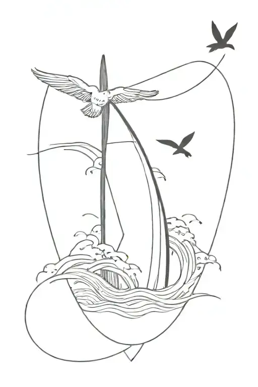 Vertical Fineline tattoo with a waveand a surf board also a paper boat and a bird  tattoo design idea