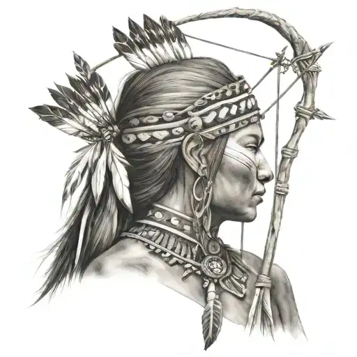 native American woman With arrows and bow on her back tattoo design idea