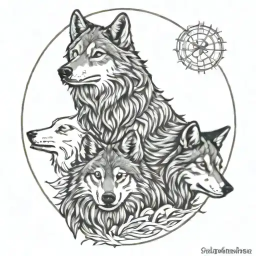 THREE WOLVES SUN   tattoo design idea