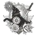 SUN AND SWORD AND SHIELD AND OCEAN AND ROSE AND WOLF tattoo design idea