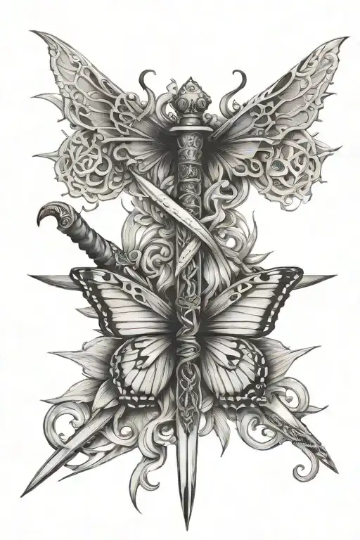 butterfly and sword intertwined representing hope and strength  tattoo design idea