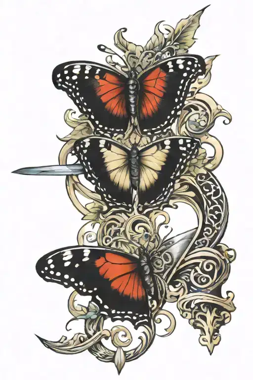 butterfly and sword interwined with the word "cynity"  tattoo design idea
