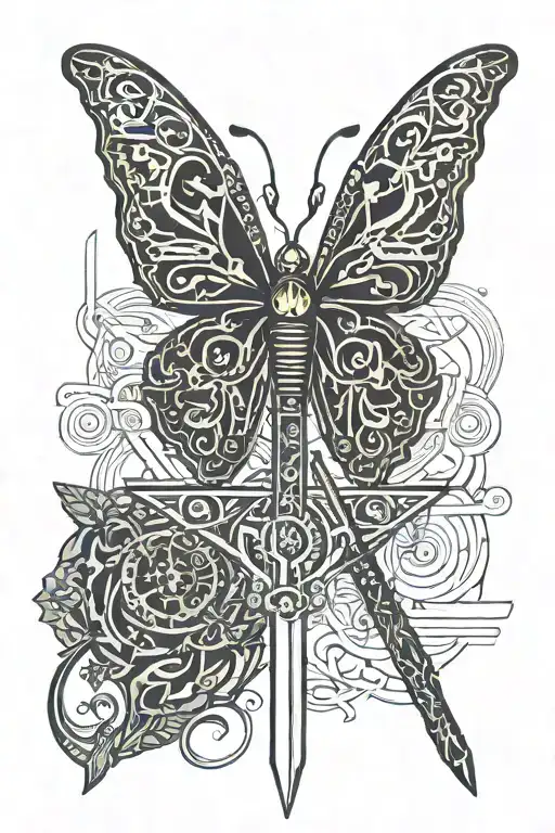 butterfly and sword intertwined representing hope and strength with the words cynity on it tattoo design idea
