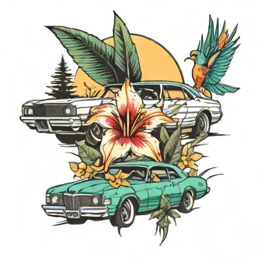 bird of paradise flower field with a mercury cougar car in the back tattoo design idea