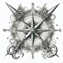 A detailed compass rose with fishing hooks and rifle crosshairs, representing your passion for traveling, hiking, hunting, and fishing tattoo design idea