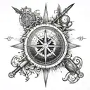 A detailed compass rose with fishing hooks and rifle crosshairs, representing your passion for traveling, hiking, hunting, and fishing tattoo design idea