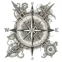 A detailed compass rose with fishing hooks and rifle crosshairs, representing your passion for traveling, hiking, hunting, and fishing tattoo design idea