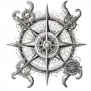 A detailed compass rose with fishing hooks and rifle crosshairs, representing your passion for traveling, hiking, hunting, and fishing tattoo design idea