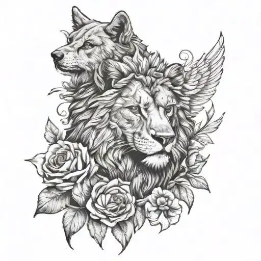 flowers wolf lion eagle  tattoo design idea