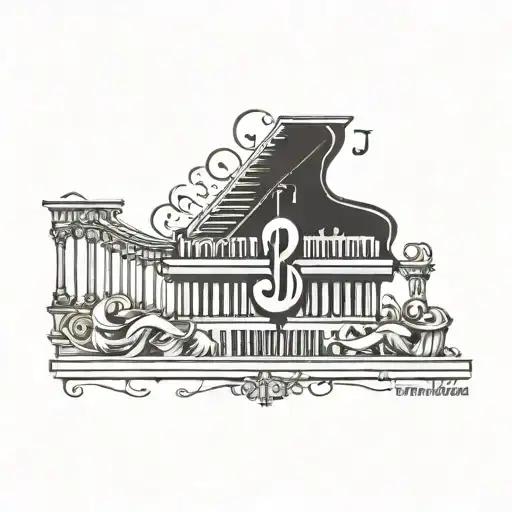 A stylized depiction of a piano key with the client's family initials engraved on it, surrounded by dollar signs to represent the client's love for music, family, and money tattoo design idea
