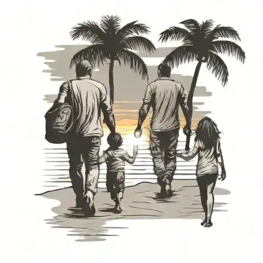 mom and dad with kid son walking on a beach with palm trees and sunset  tattoo design idea