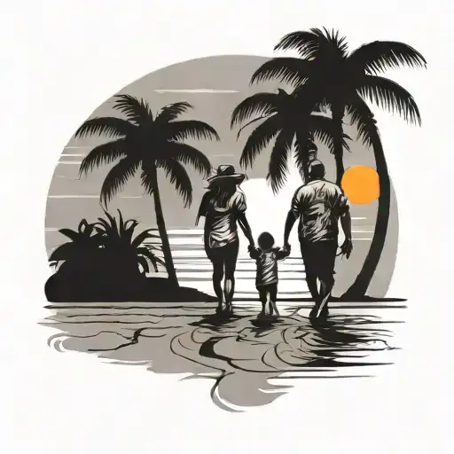 mother and father with kid son walking on a beach with palm trees and sunset  tattoo design idea
