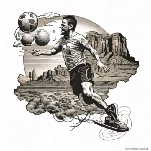 An ultimate frisbee player soaring through the sky with a backdrop of Arizona's desert landscape tattoo design idea