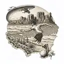 An ultimate frisbee player soaring through the sky with a backdrop of Arizona's desert landscape tattoo design idea