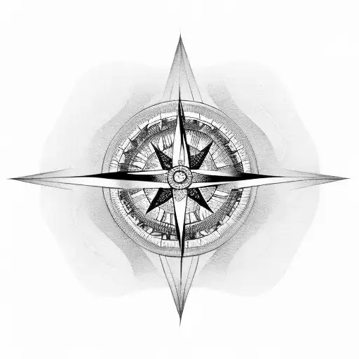 A dotwork tattoo of a compass and yin yang symbol overlapping tattoo design idea