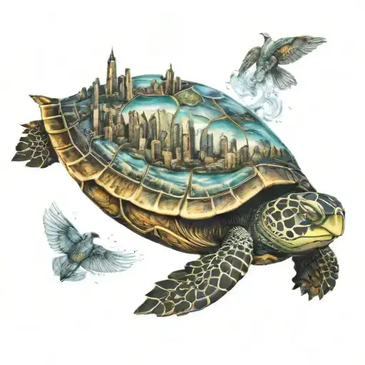 A turtle with a a tiny city on it's back tattoo design idea
