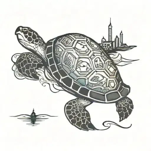 A turtle with a a tiny city on it's back tattoo design idea