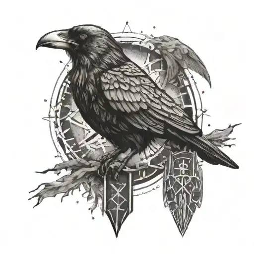 Raven and Odin and Scandinavian runes tattoo design idea
