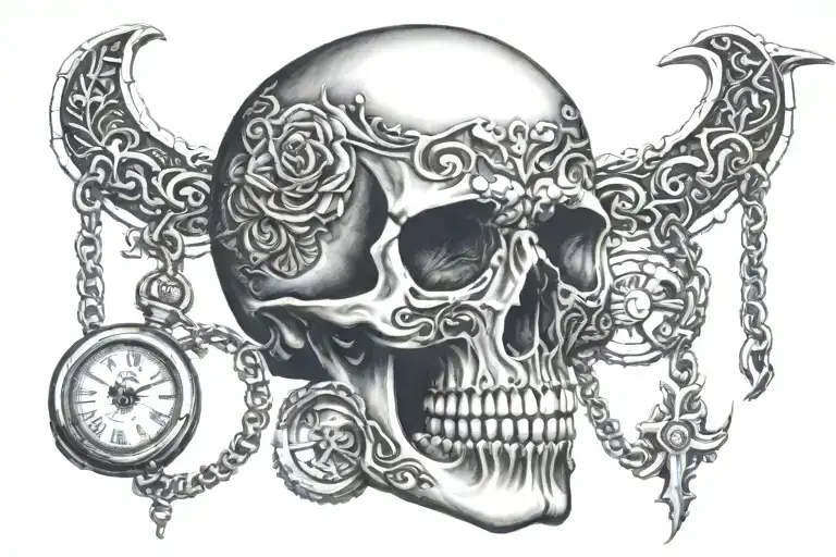skull mouth open with pocket watch in mouth tattoo design idea
