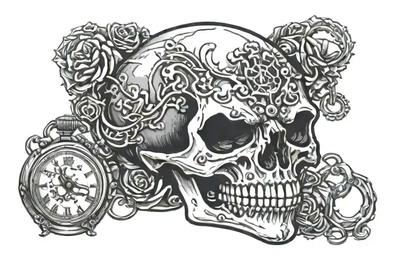full skull mouth open with pocket watch in mouth tattoo design idea