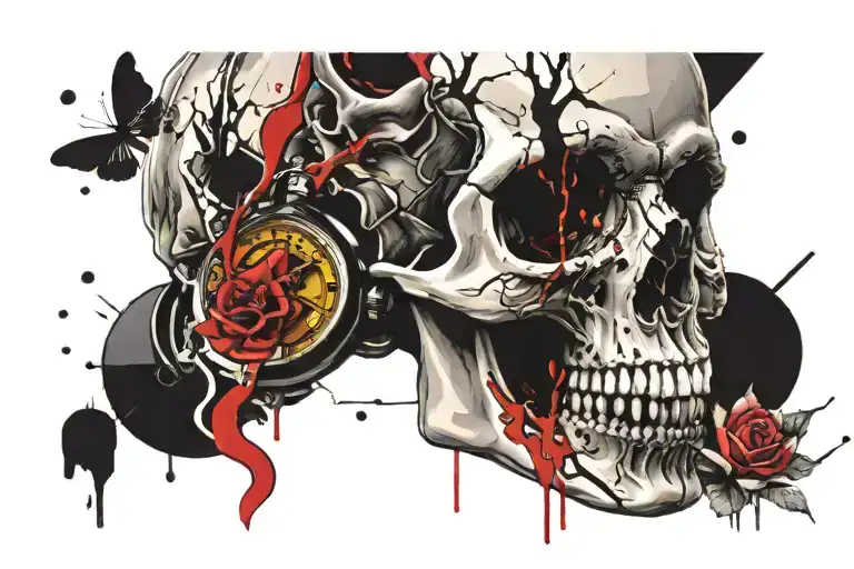skull mouth open with pocket watch in mouth tattoo design idea