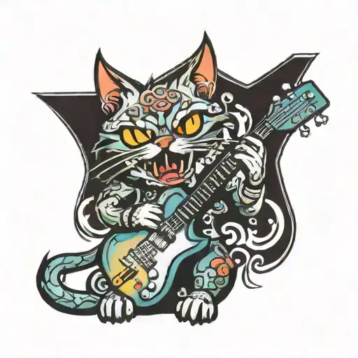 rockstar cat with electric guitar    tattoo design idea