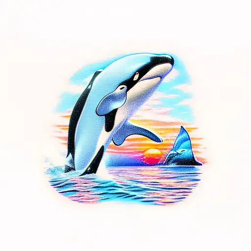 killer whale, ocean, sunset tattoo design idea