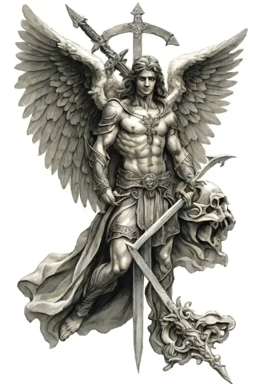 i want an angel with wings, a cross and the angel to be archangel michael with his sword tattoo design idea