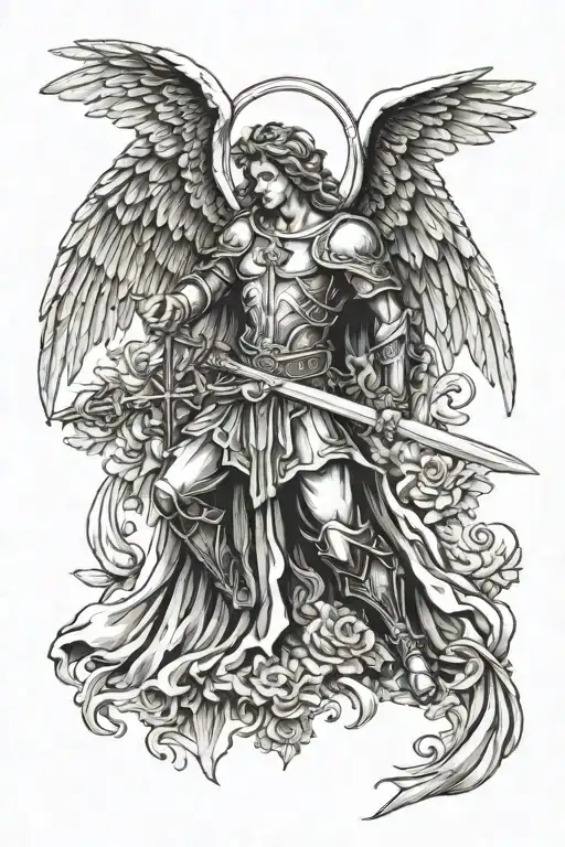 i want an angel with wings, a cross and the angel to be archangel michael with his sword tattoo design idea
