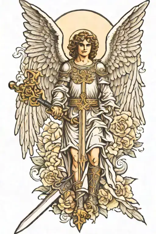 i want an angel with wings, a cross and the angel to be archangel michael with his sword tattoo design idea