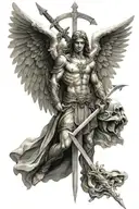 i want an angel with wings, a cross and the angel to be archangel michael with his sword tattoo design idea