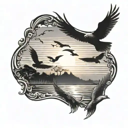 A black-grey tattoo of a sunset setting behind a silhouette of a family of birds in flight tattoo design idea